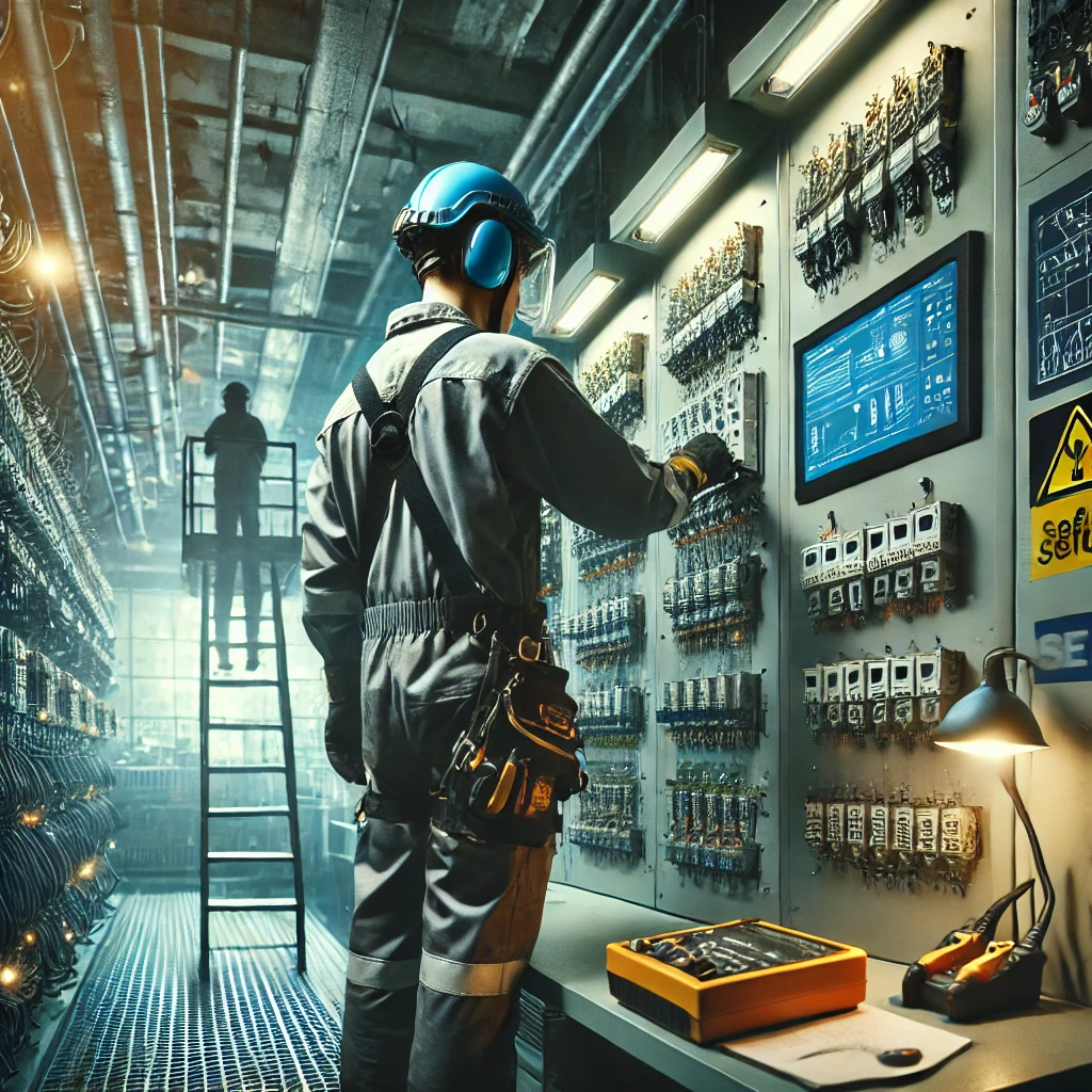 DALL·E 2025-02-05 19.22.06 - A modern electrician wearing safety gear, working on an electrical panel in an industrial setting. The scene is well-lit, showing a high-tech workspac