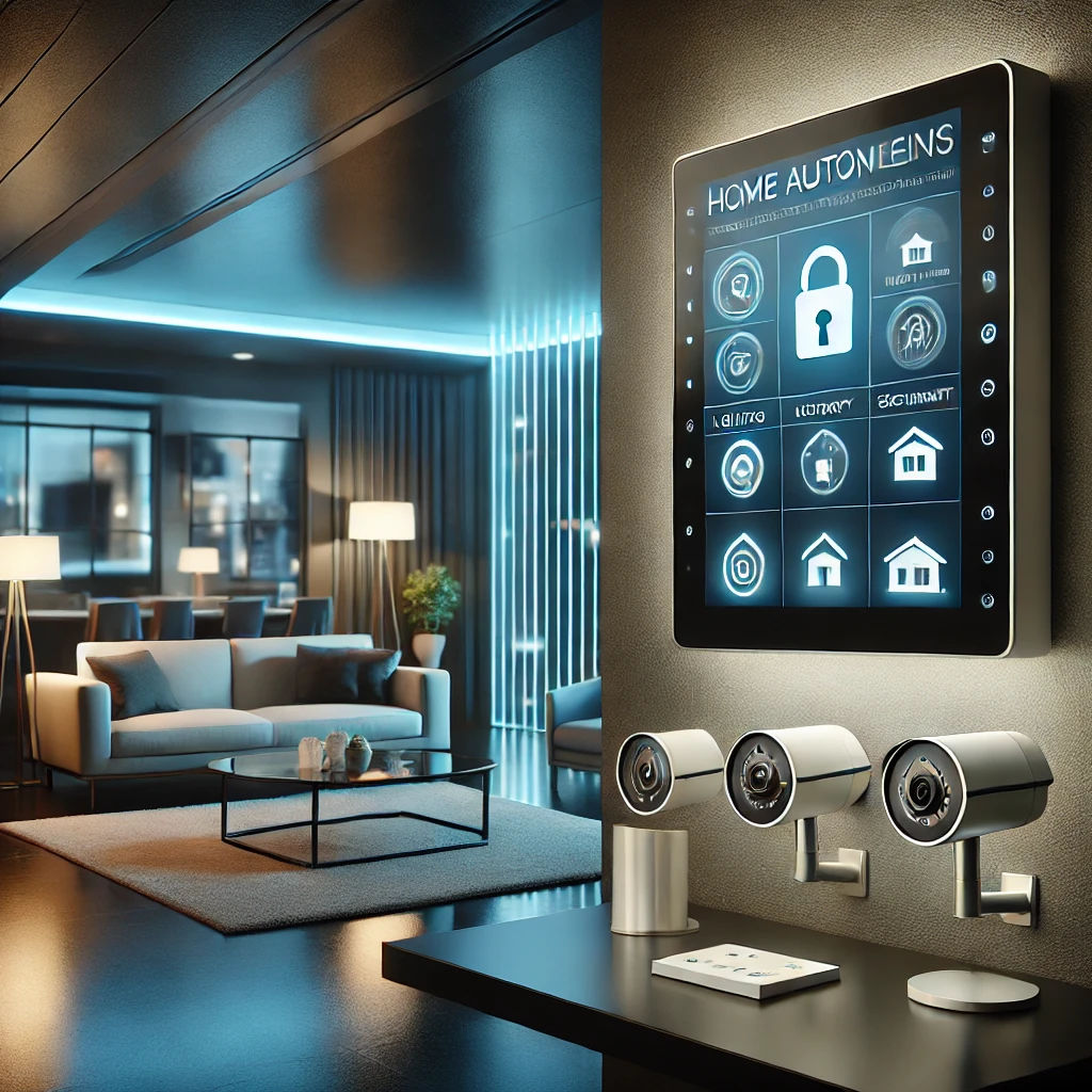 DALL·E 2025-02-05 19.24.09 - A modern smart home with advanced security systems, featuring a control panel displaying home automation options like lighting, security cameras, and