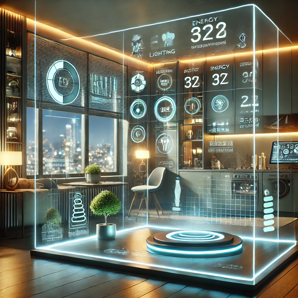 DALL·E 2025-02-05 19.38.04 - A futuristic energy-efficient home with smart lighting, automated blinds, and an energy monitoring dashboard displayed on a screen. The setting is mod